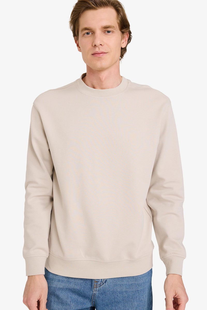 DeFacto Beige Man Basic Crew Neck Sweatshirt Casual - Image 1